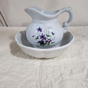 McCoy Violet Flowers Pottery Pitcher and Bowl